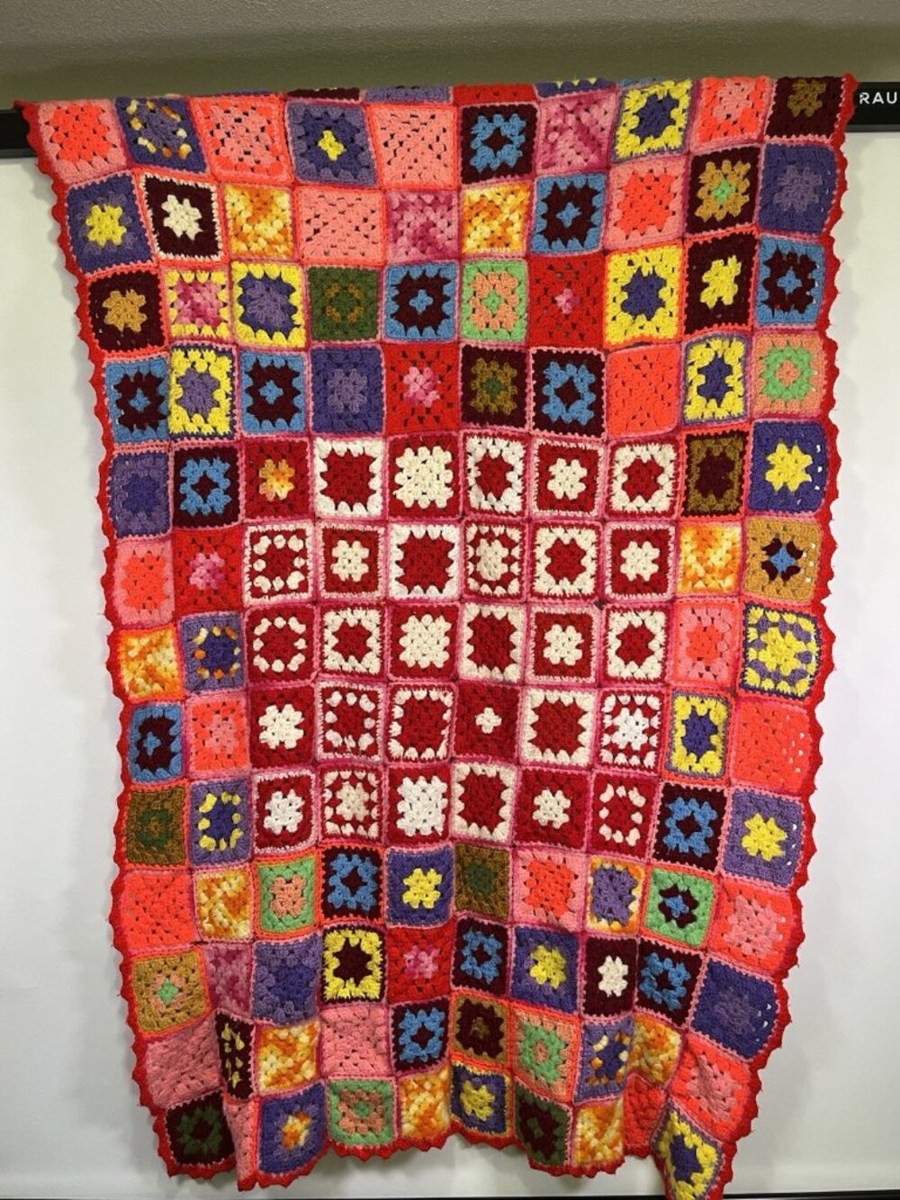 Vintage Crochet Granny Square Afghan Blanket 70s Retro Multicolor Maximalist Mod